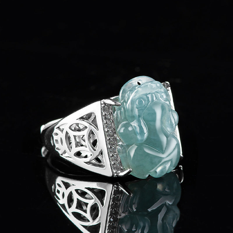 Bague Pixiu en argent sterling et jade pour la richesse et la chance