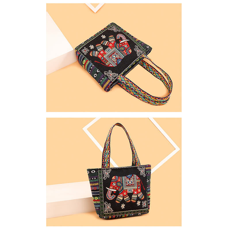 Grand sac fourre-tout en toile avec broderie éléphant et papillon - Charme spirituel