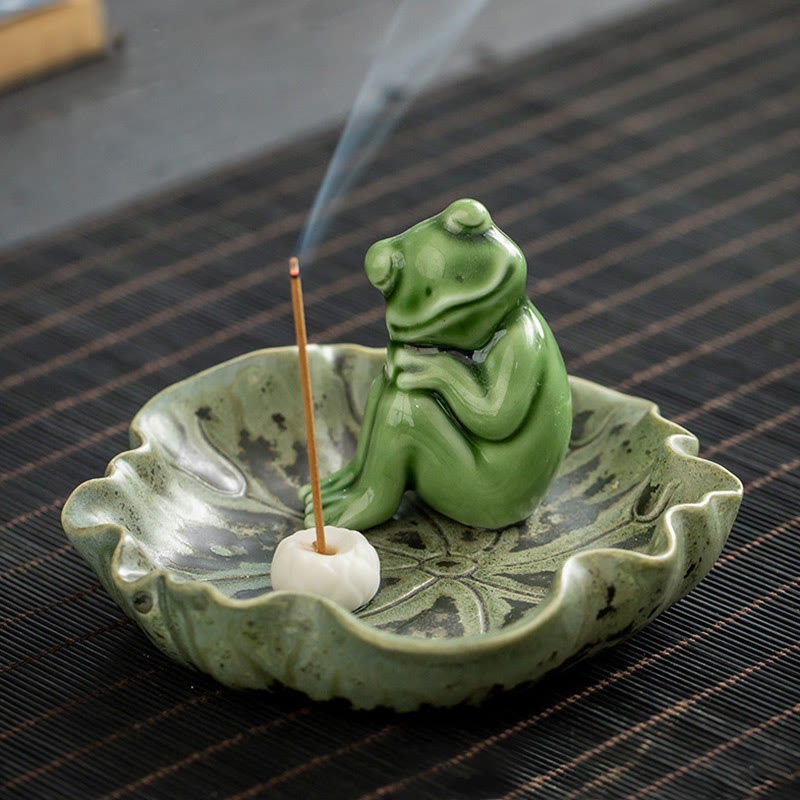 Ceramic Incense Burner | Lotus Leaf Meditation Frog 11cm