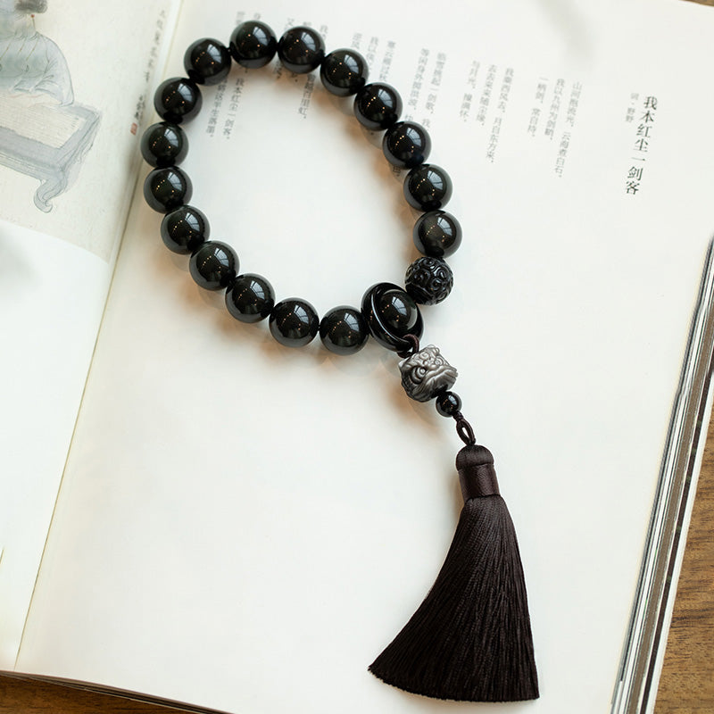 Mala de poignet en obsidienne argentée de 16 mm pour la protection et la sagesse
