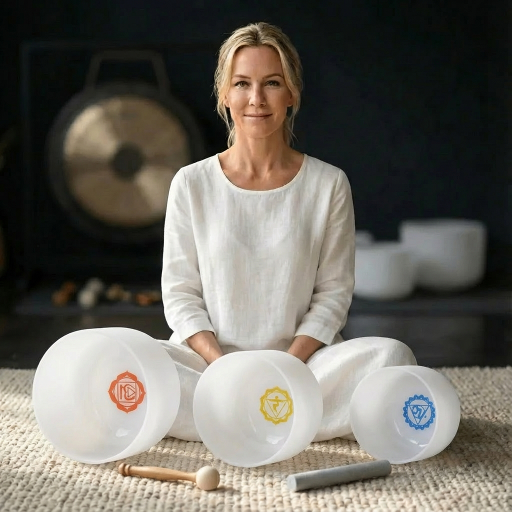 Ensemble de 3 bols chantants en cristal avec symboles de chakra 8"G 10"E 12"C