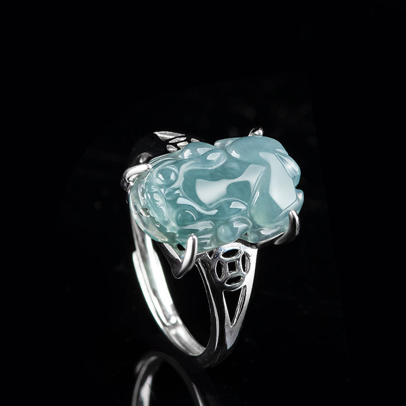 Bague Pixiu en argent sterling et jade pour la richesse et la chance