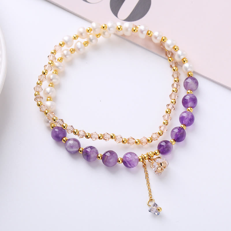 Double Wrap Amethyst Aquamarine Pearl Healing Bracelet