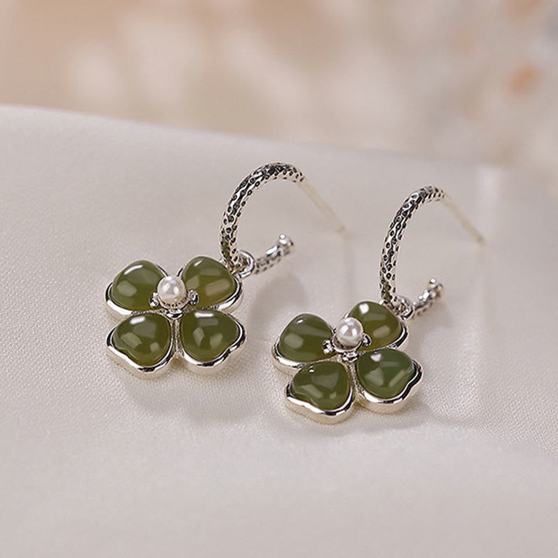 Boucles d'oreilles porte-bonheur en argent sterling 925 et jade cyan, trèfle à quatre feuilles