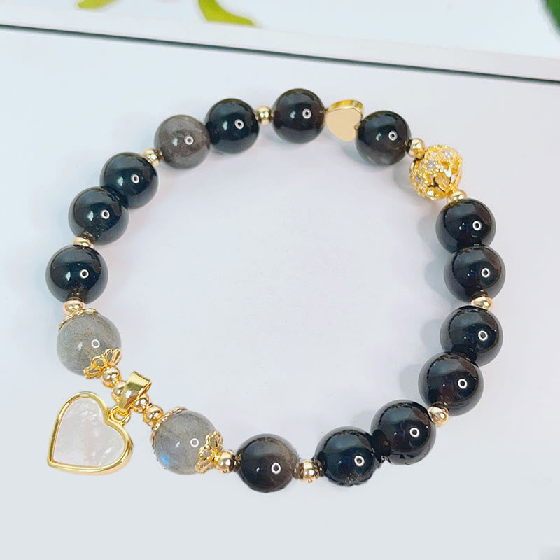 Bracelet de protection en obsidienne argentée avec breloque cœur d'amour