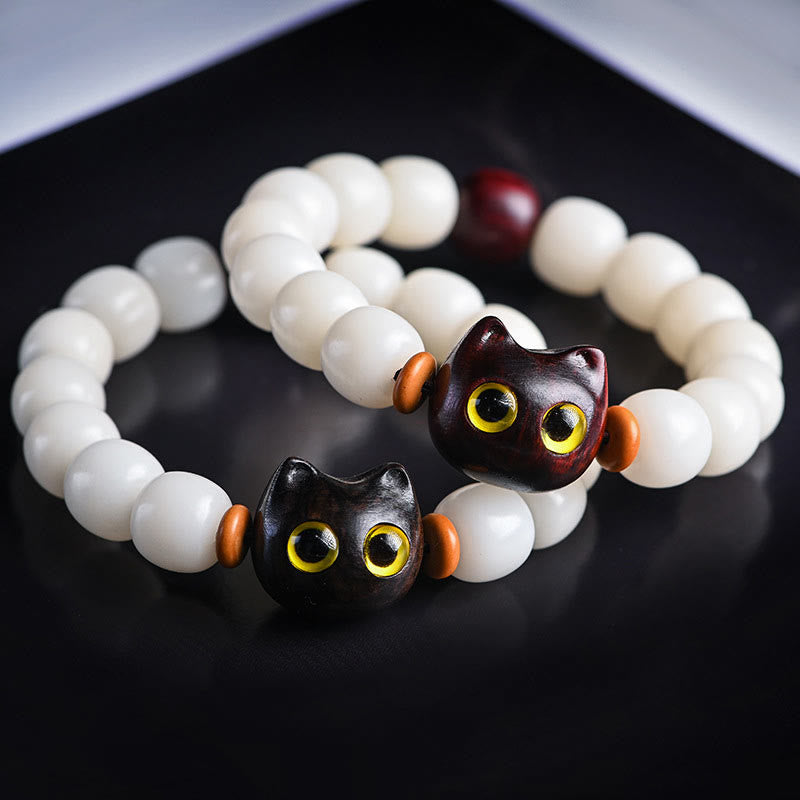 Bracelet spirituel unisexe en graines et bois de Bodhi, chat porte-bonheur