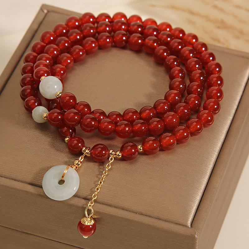 Bracelet triple tour en agate et jade rouge avec boucle de paix