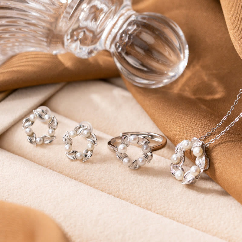 925 Sterling Silver Pearl Leaf Healing Jewelry Set