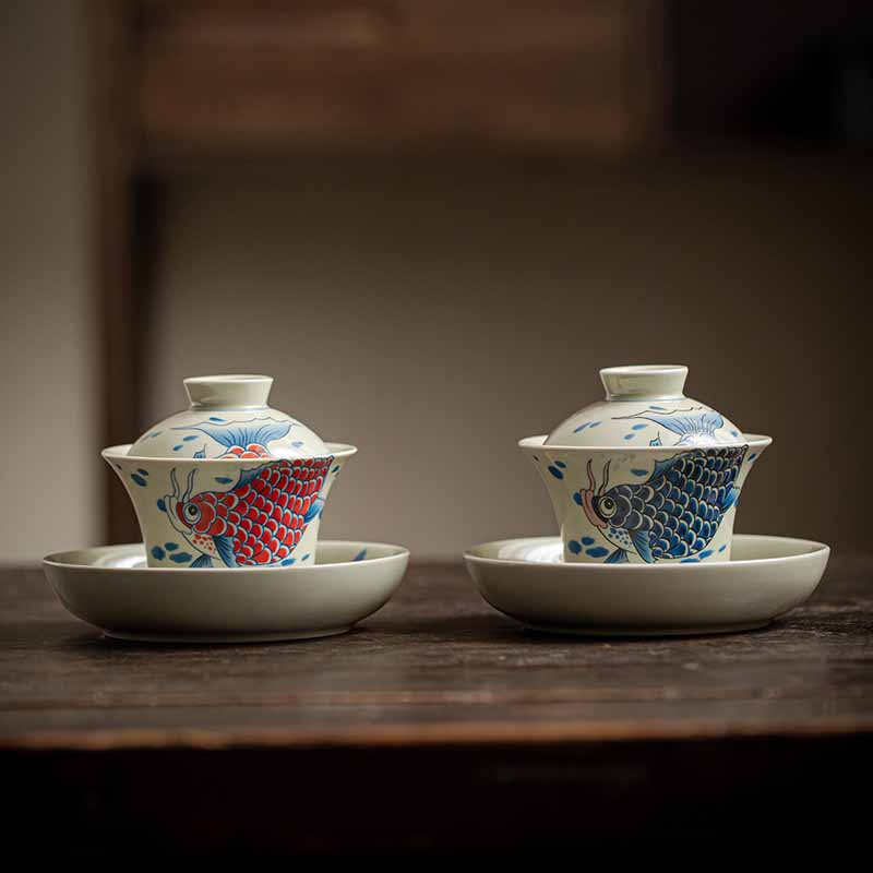 Red Ceramic Koi Fish Gaiwan Teacup 130ml for Tea Rituals