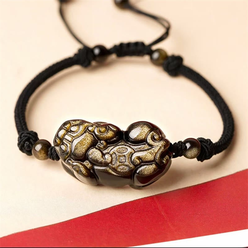 Pixiu Protection Bracelet with Obsidian, Amethyst & Citrine Stones
