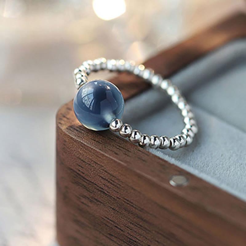 Blue Candy Agate 8mm Healing Bead Ring - Sterling Silver