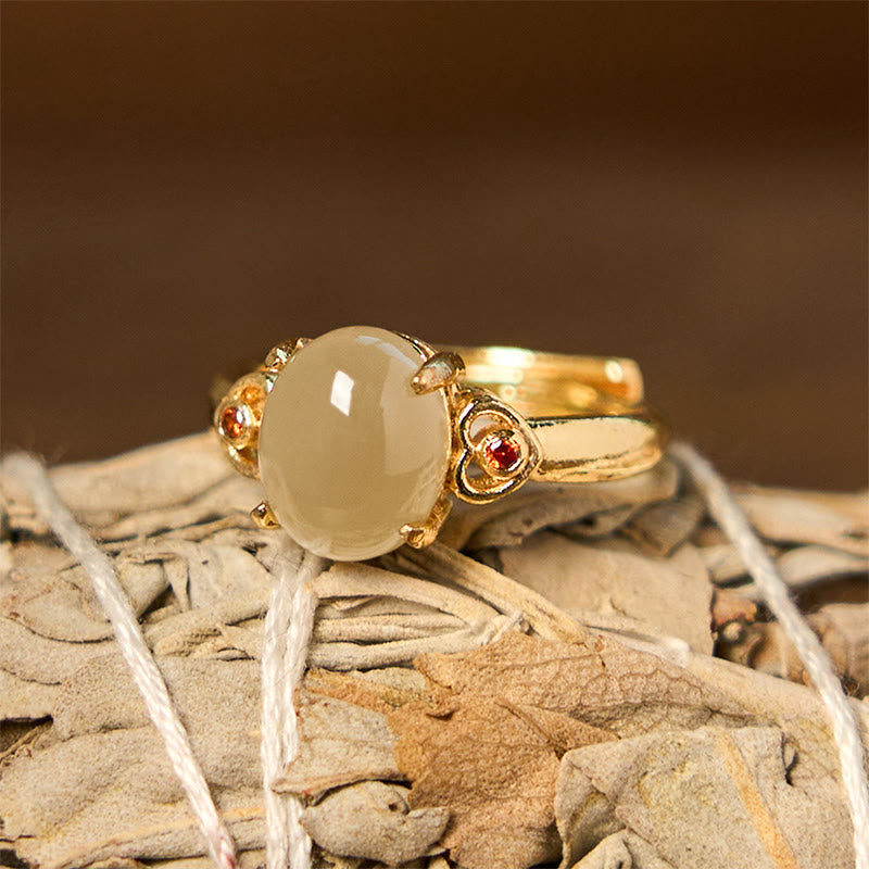 Bague ouverte porte-bonheur en cuivre en forme de cœur en jade Hetian de 8 à 10 mm