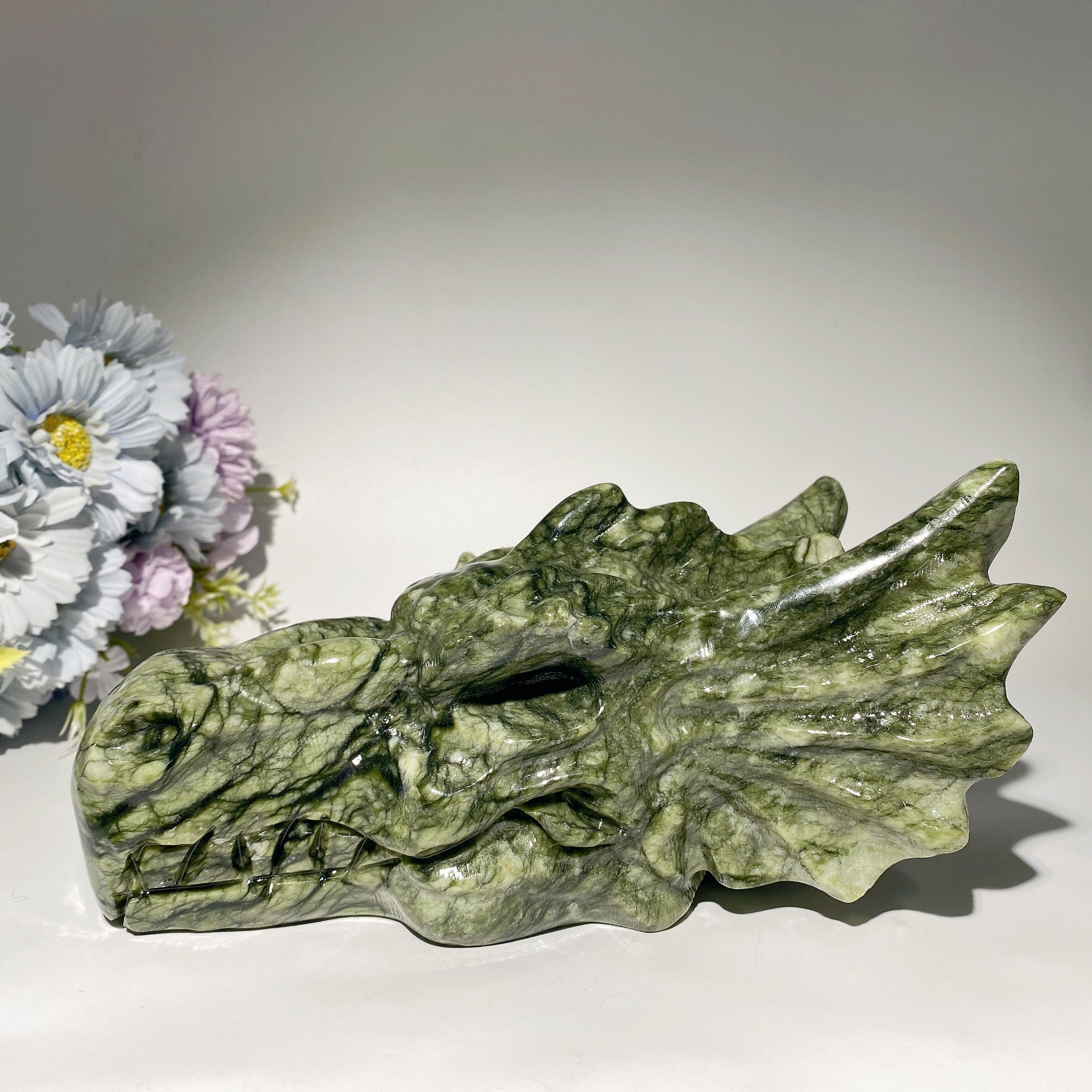 8.5" Jade Dragon Head Carving - Feng Shui Serpentine Statue