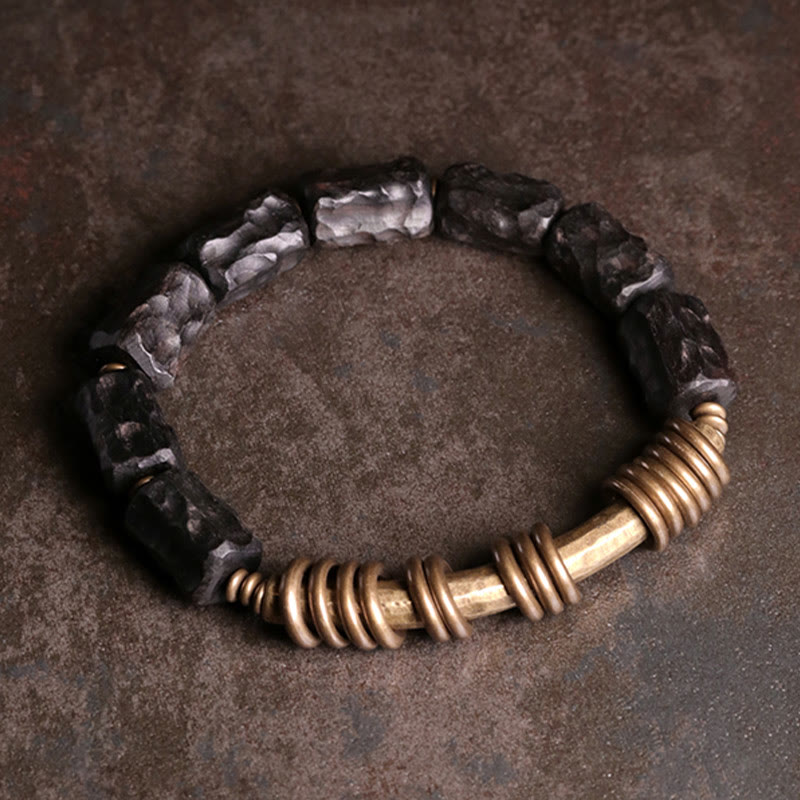 Bracelet Peace en bois d'ébène de 8,5 mm avec anneaux en cuivre 14-17,5 cm
