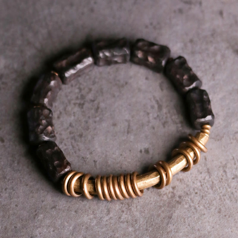 Bracelet Peace en bois d'ébène de 8,5 mm avec anneaux en cuivre 14-17,5 cm