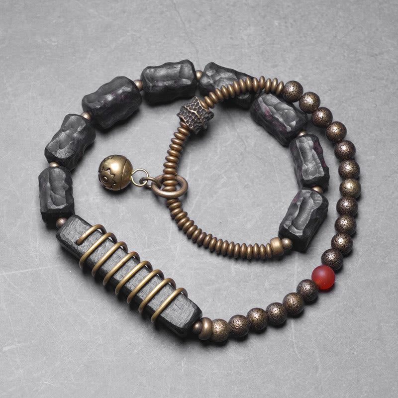 Bracelet double tour en bois d'ébène et agate rouge Peace de 8,5 mm