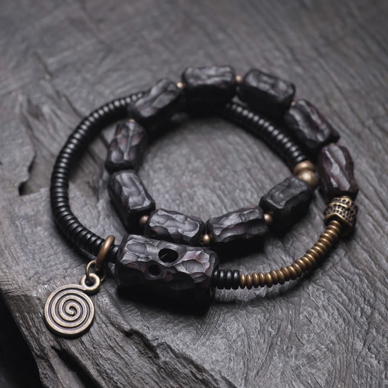 Bracelet double tour en bois d'ébène et agate rouge Peace de 8,5 mm