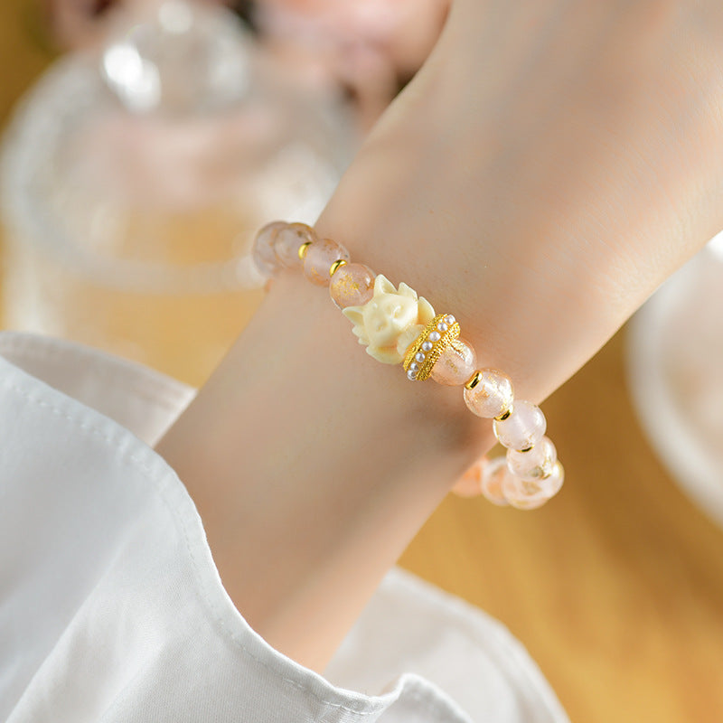 Bracelet spirituel en verre Liuli en cendres d'encens de 8,5 mm avec breloque renard à neuf queues