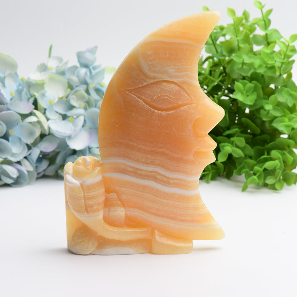 8 Inch Orange Calcite Moon Face Crystal Figurine Carving
