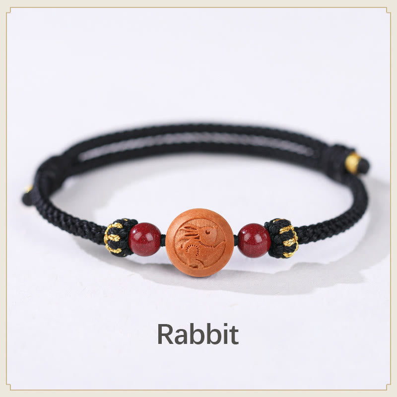 Bracelet de richesse en bois de pêcher naturel avec symbole du zodiaque chinois Fu et cinabre