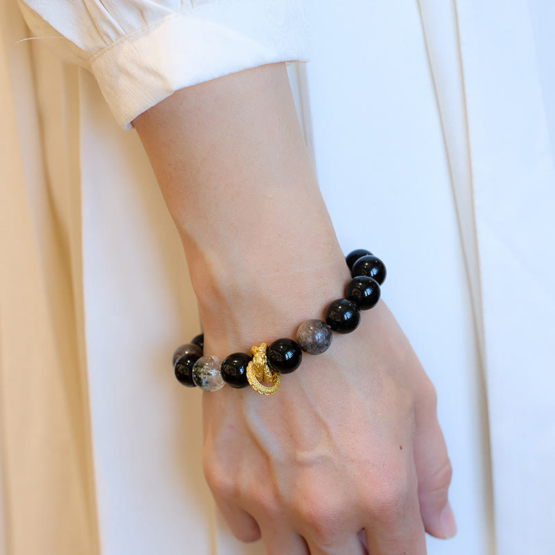 Bracelet de protection dragon en obsidienne argentée brillante 12 mm