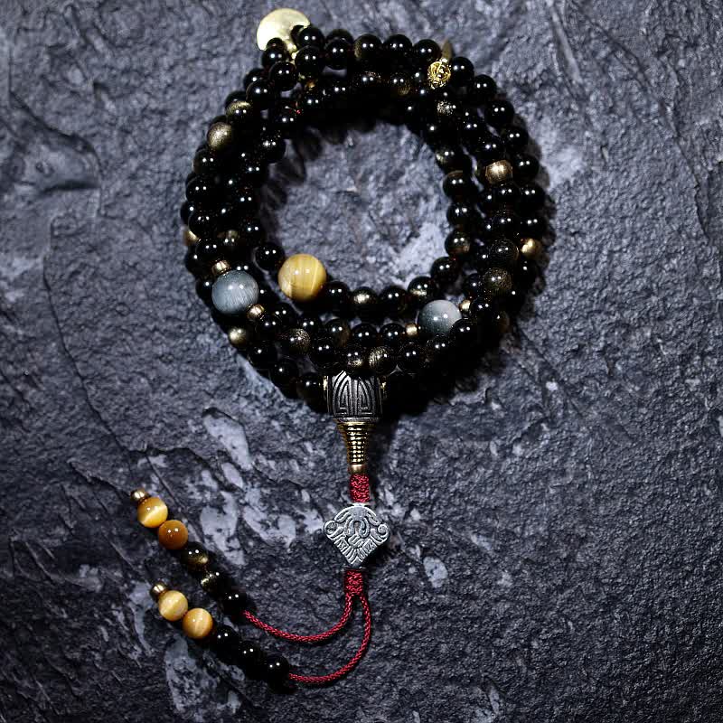 Bracelet de richesse en obsidienne œil-de-tigre à 108 perles dorées et brillantes