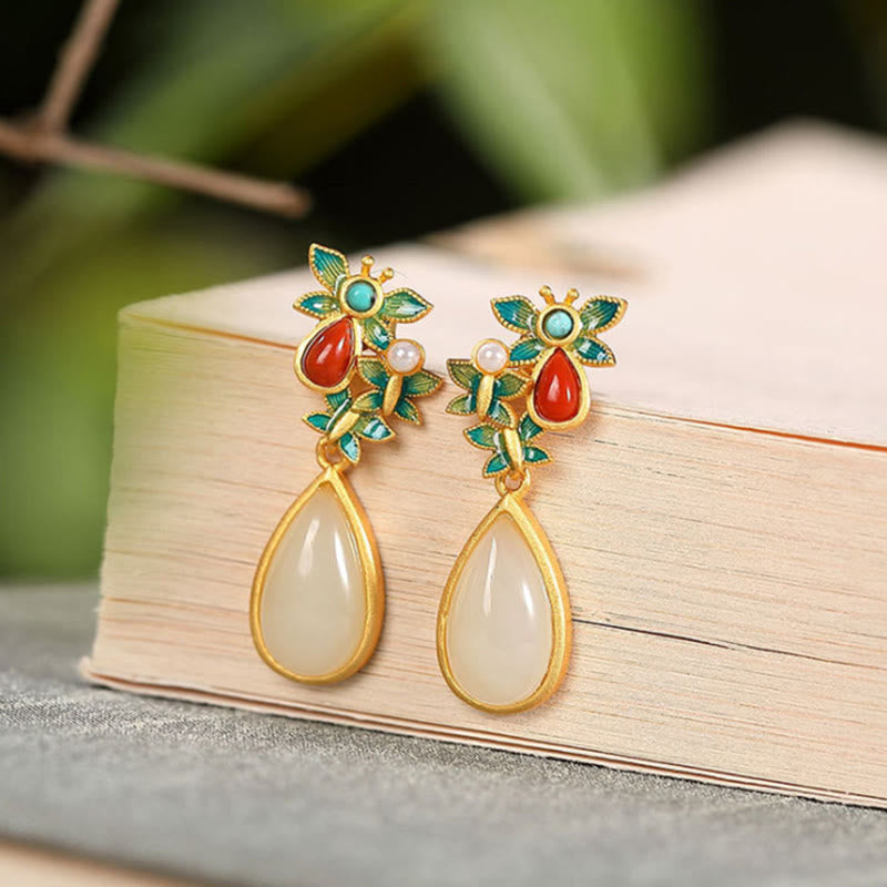 Boucles d'oreilles pendantes en jade blanc avec protection papillon 3,2 cm