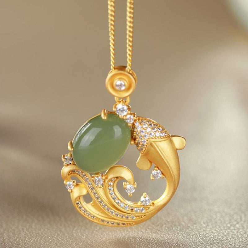 Collier de guérison en jade cyan avec poisson koï 40+5 cm unisexe