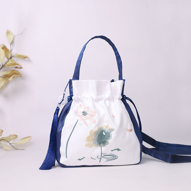 Sac fourre-tout en coton et lin avec broderie Lotus Koi 20 cm