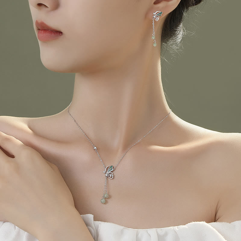 Ensemble collier et boucles d'oreilles papillon en aventurine verte
