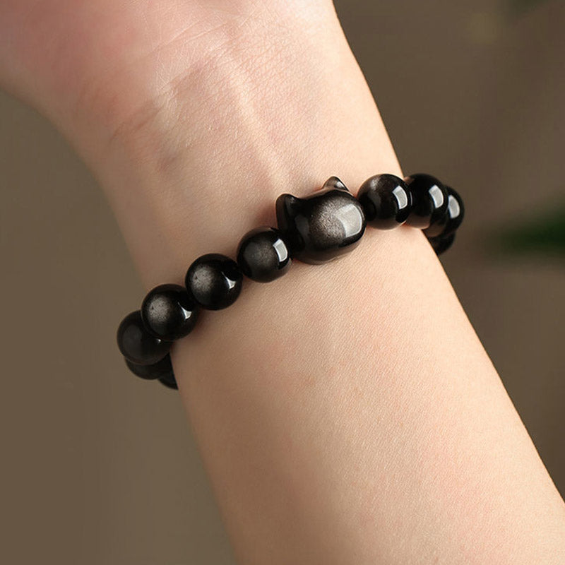 Gold Sheen Obsidian Lucky Cat Protection Bracelet 8mm