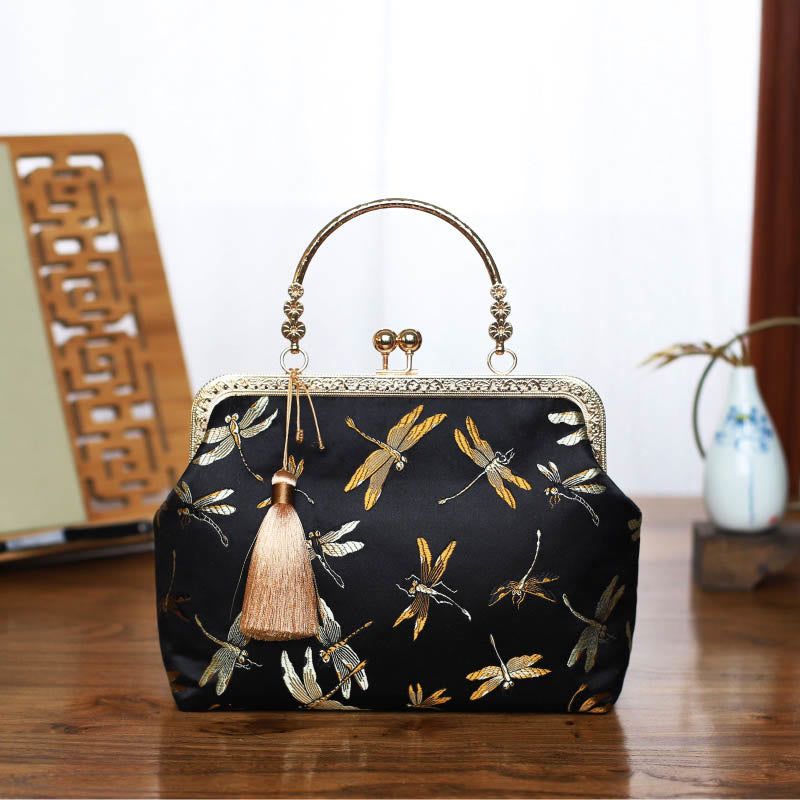 Sac à bandoulière vintage à chaîne en métal avec motif de fleurs, papillons, grues et vagues de la mer