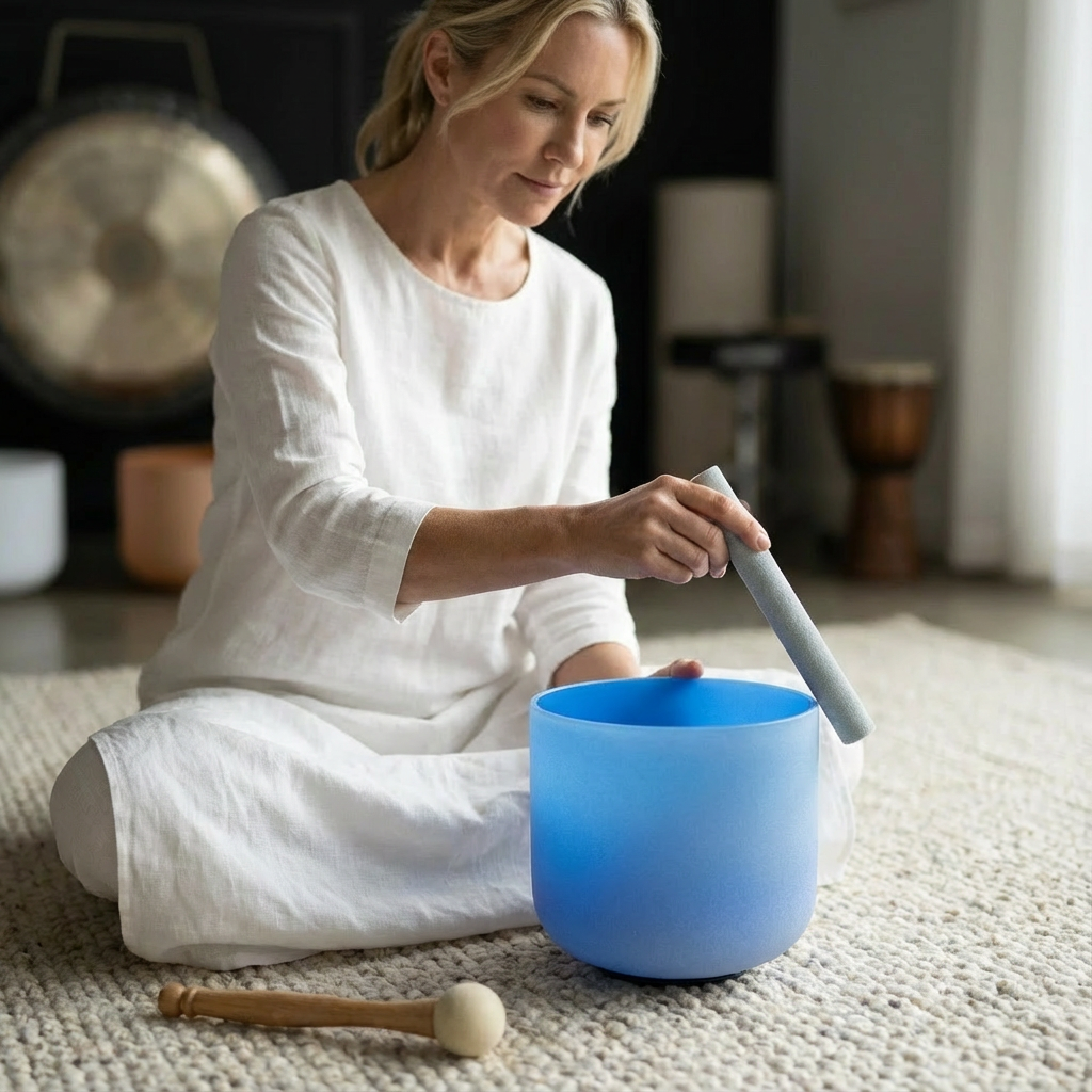 Bol chantant en cristal bleu pour le chakra de la gorge - Note G