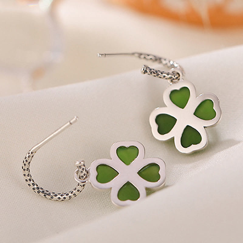 Boucles d'oreilles porte-bonheur en argent sterling 925 et jade cyan, trèfle à quatre feuilles