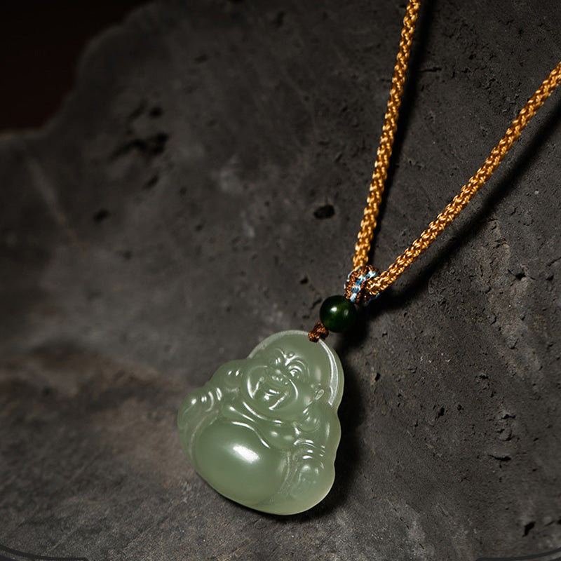 Collier de prospérité en jade et lotus du Bouddha rieur