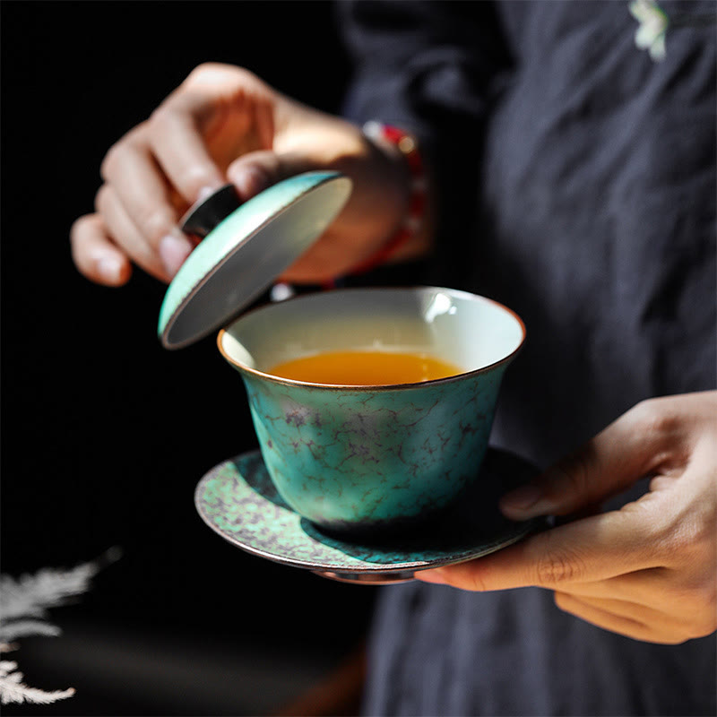 Ensemble de tasses à thé Gaiwan en céramique émaillée verte rétro 180 ml