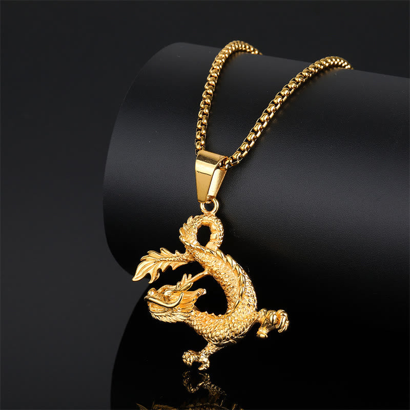 Collier dragon en acier titane | Pendentif porte-bonheur