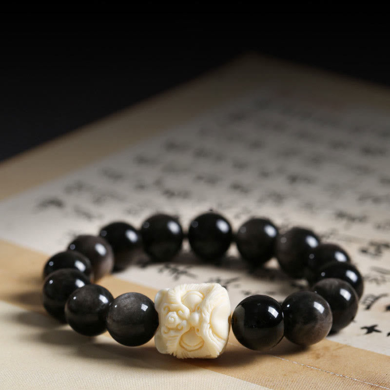 Unisex Silver Sheen Obsidian Protection Bracelet 12mm Bodhi Seed