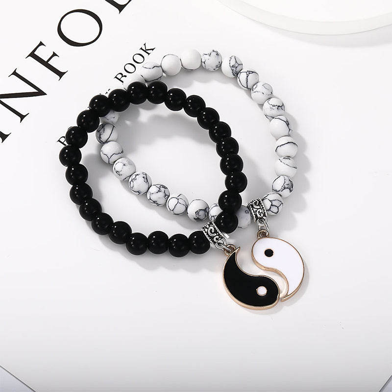 Bracelet Yin Yang 8 mm avec onyx noir et turquoise blanche