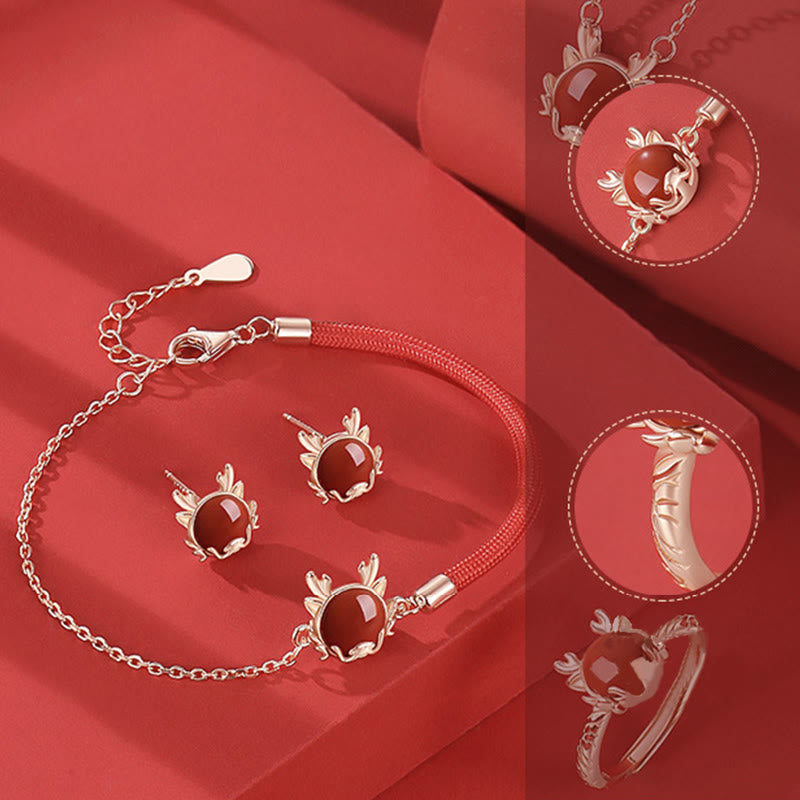Sterling Silver Dragon Red Agate Bracelet for Protection & Luck