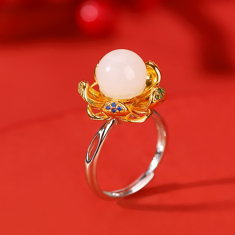 Bague de réussite en jade blanc et cyan de 10 mm avec fleur de lotus