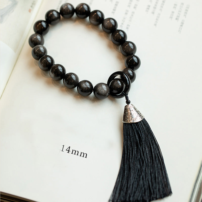 Mala de poignet en obsidienne argentée de 16 mm pour la protection et la sagesse