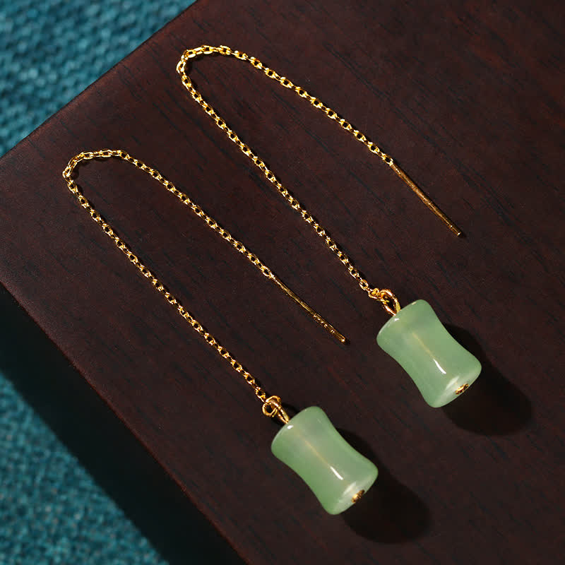 Boucles d'oreilles pendantes porte-bonheur en jade et bambou de 87 mm