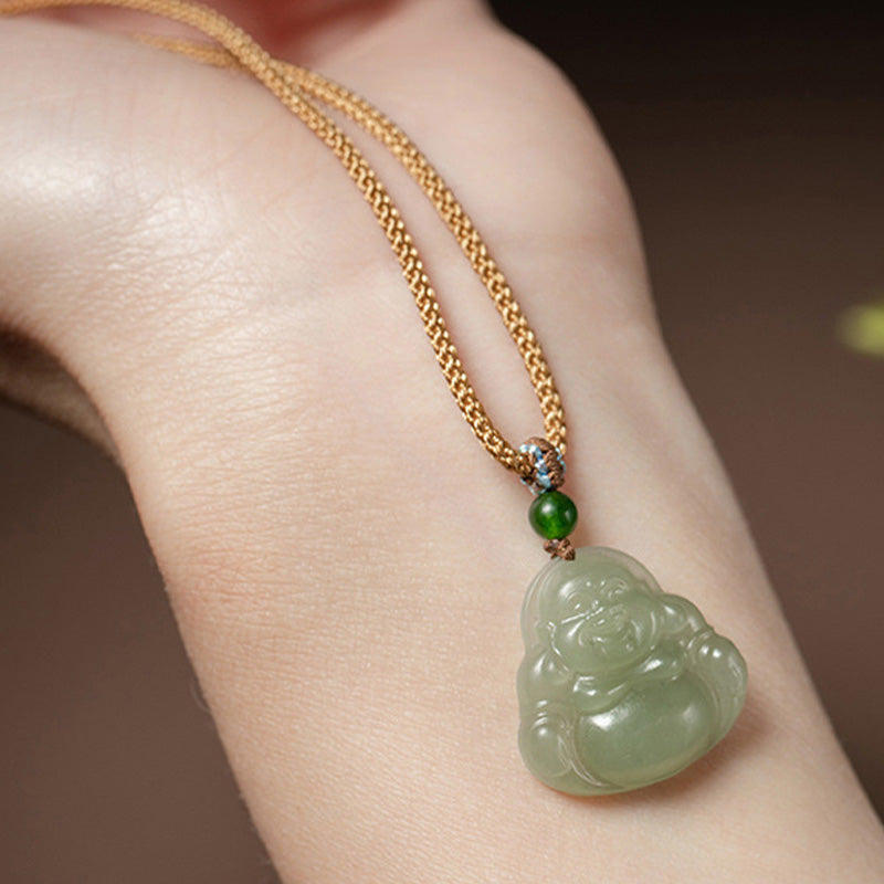 Collier de prospérité en jade et lotus du Bouddha rieur