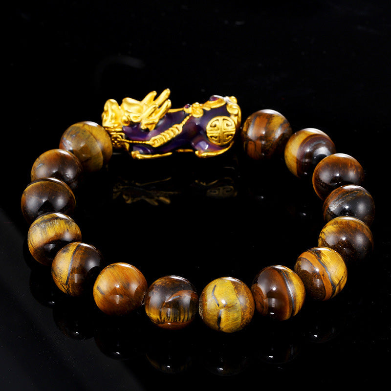Bracelet Feng Shui œil de tigre 14 mm avec protection Pi Xiu