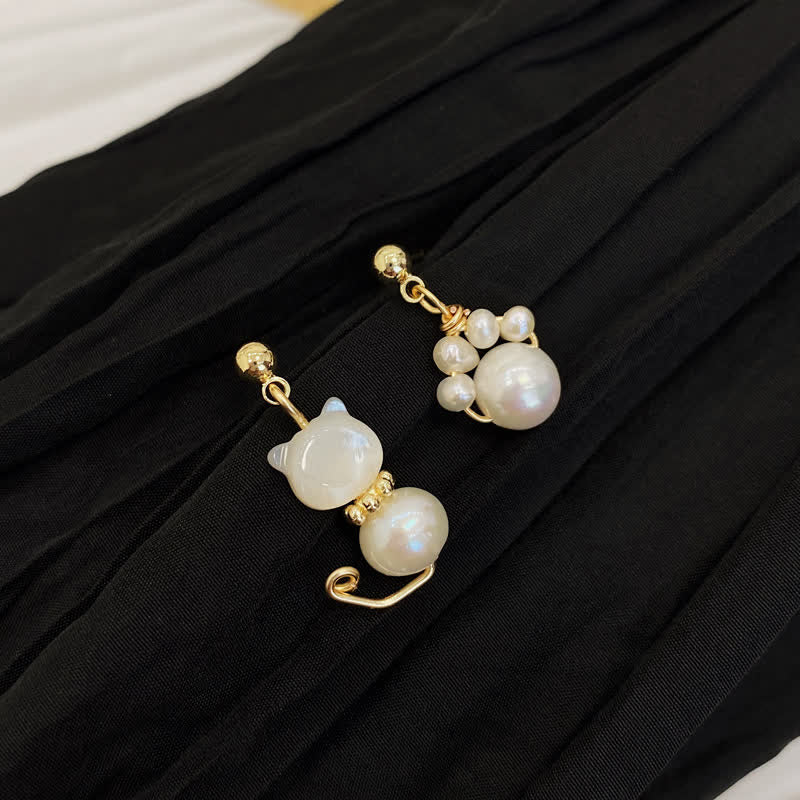 Pearl Wisdom Stud Earrings with Cat Paw Design