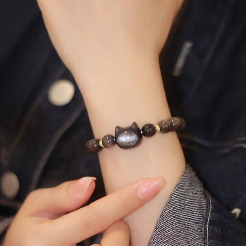 8mm Gold Sheen Obsidian Protection Bracelet with Lucky Cat Paw