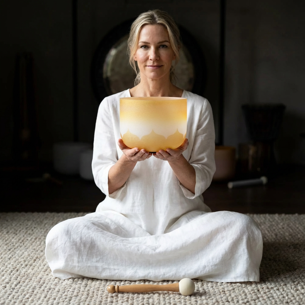 Bol chantant en cristal à motif de lotus doré de 8 po