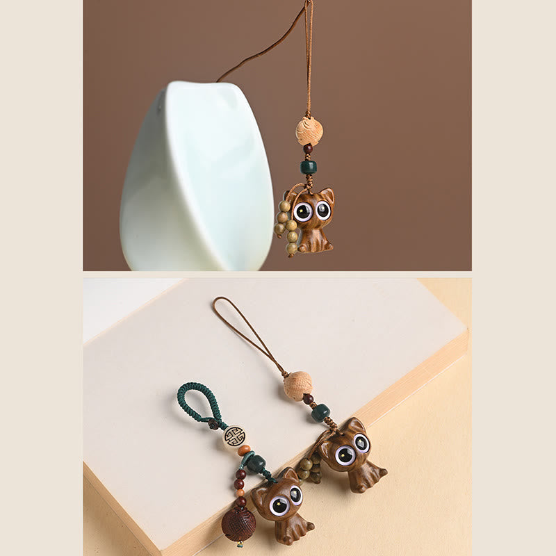 Porte-clés décoratif en forme de chat porte-bonheur en bois de santal vert