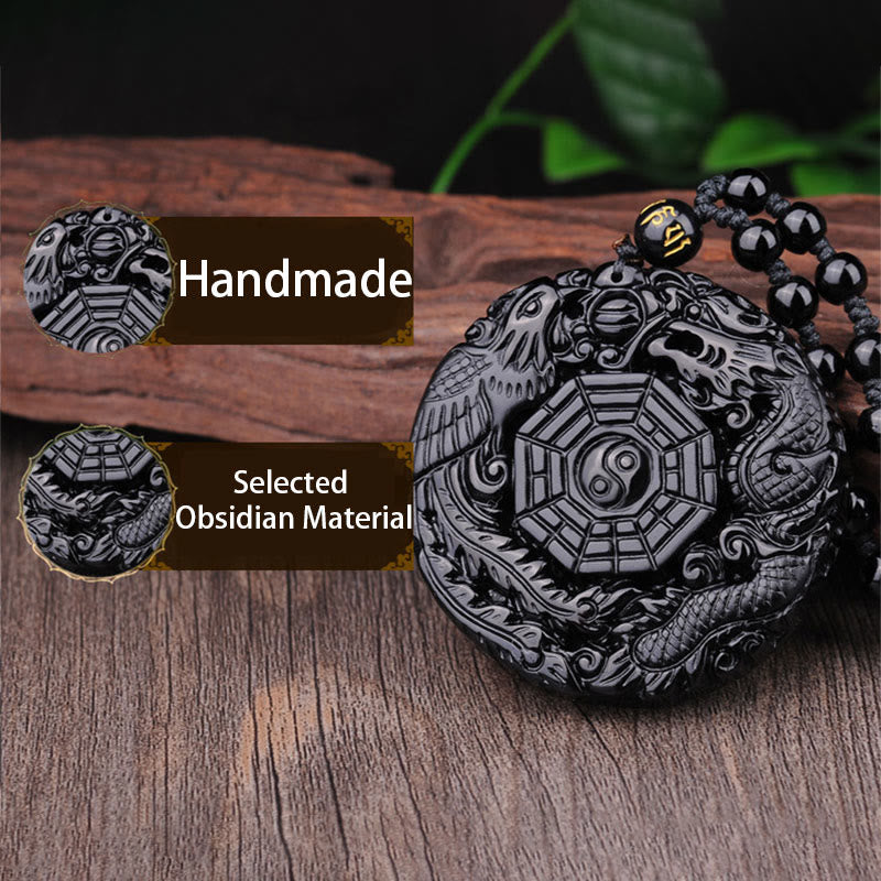 Collier pendentif en obsidienne Bagua Dragon Phoenix Accomplissement